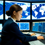 A professional air traffic controller, male or female, in a modest business suit, seated intently at a console in a modern, calm air traffic control center. Multiple glowing, high-definition radar screens display intricate flight paths and real-time aircraft data, reflecting on their focused face. The atmosphere is one of serene concentration and precise coordination, emphasizing a vast, invisible air ballet being choreographed for global safety. fully clothed, appropriate attire, safe for work, professional, perfect anatomy, correct proportions, natural pose, well-formed hands, proper finger count, natural body proportions, professional photography, high quality, ultra-detailed.