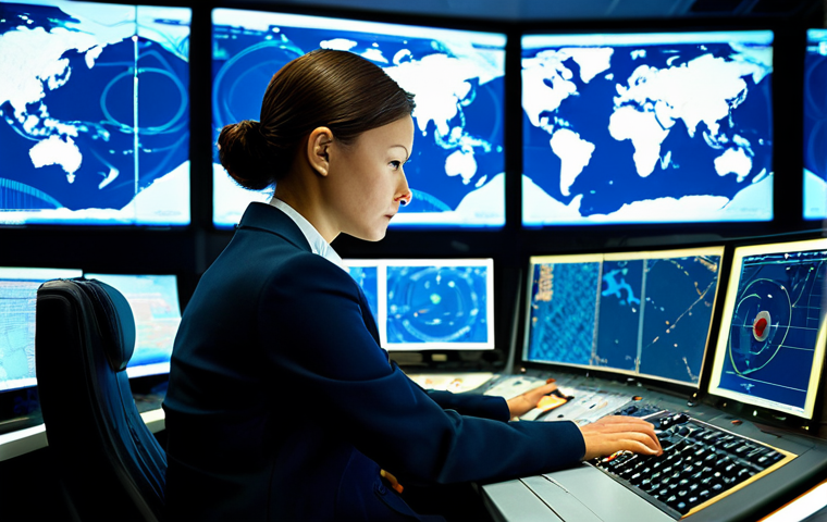 A professional air traffic controller, male or female, in a modest business suit, seated intently at a console in a modern, calm air traffic control center. Multiple glowing, high-definition radar screens display intricate flight paths and real-time aircraft data, reflecting on their focused face. The atmosphere is one of serene concentration and precise coordination, emphasizing a vast, invisible air ballet being choreographed for global safety. fully clothed, appropriate attire, safe for work, professional, perfect anatomy, correct proportions, natural pose, well-formed hands, proper finger count, natural body proportions, professional photography, high quality, ultra-detailed.