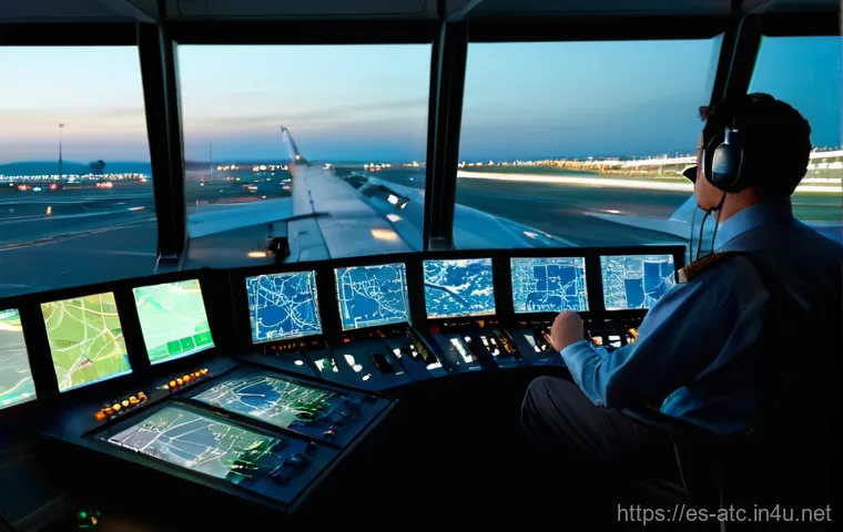 항공교통관제사의 연봉 비교 국내 vs 해외 - **Prompt:** A highly focused Spanish air traffic controller, mid-30s to 40s, male or female, wearing...