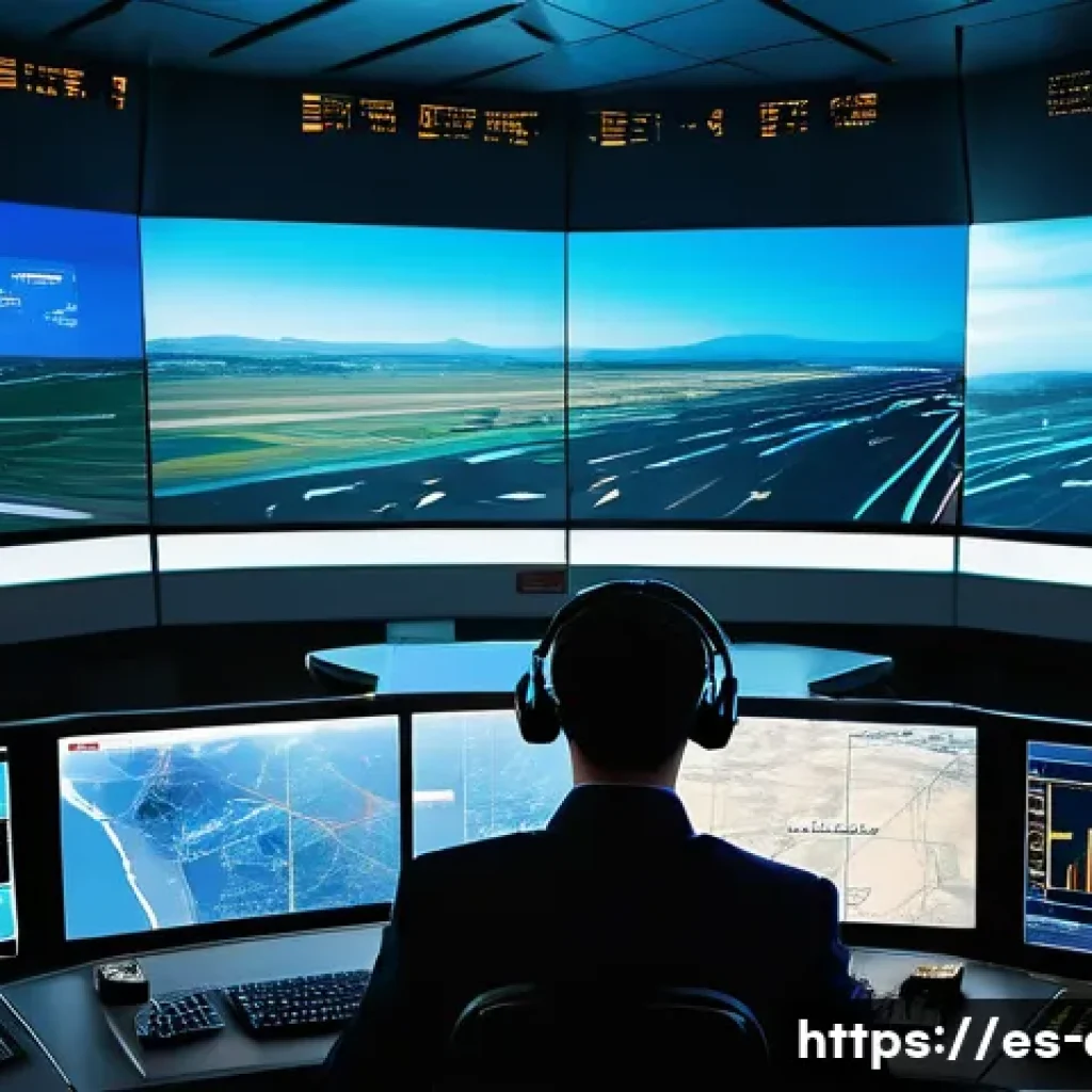관제사 인턴 경험을 통해 배울 수 있는 것들 - A highly detailed scene inside a modern air traffic control tower in Spain, showing a young Spanish ...