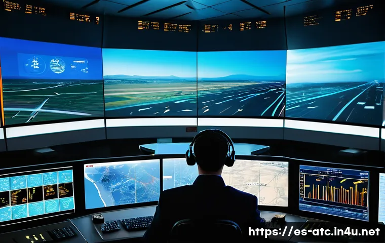 관제사 인턴 경험을 통해 배울 수 있는 것들 - A highly detailed scene inside a modern air traffic control tower in Spain, showing a young Spanish ...