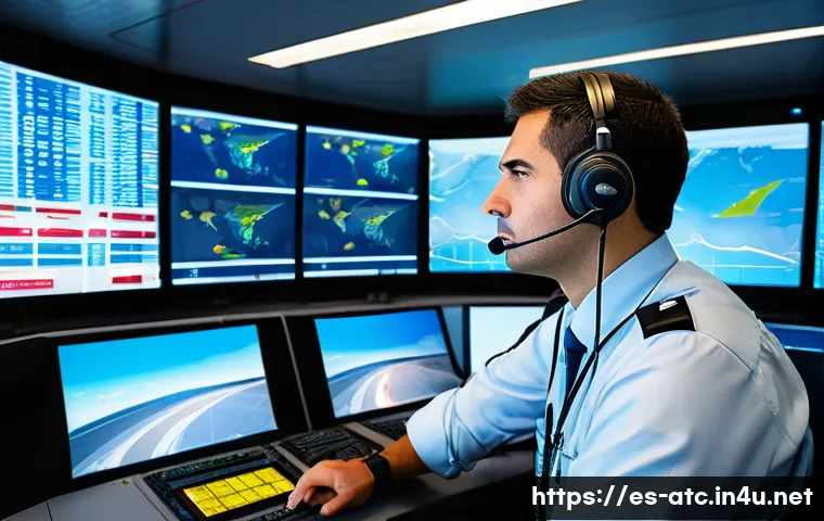 항공교통관제사의 주요 실무 기술 - A highly detailed scene inside a modern air traffic control tower in Spain during a busy day, showin...