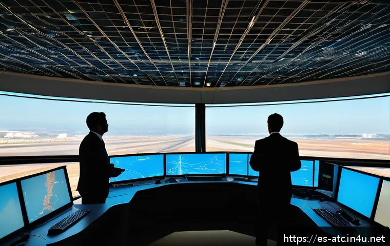 관제사 업무를 위한 리더십 개발 방법 - A detailed scene inside a modern air traffic control tower in Spain during a busy shift. Several con...