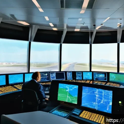 Home 17 항공교통관제사 자격증 취득 준비 방법 - A detailed scene inside a modern air traffic control tower in Spain, showing a diverse group of prof...