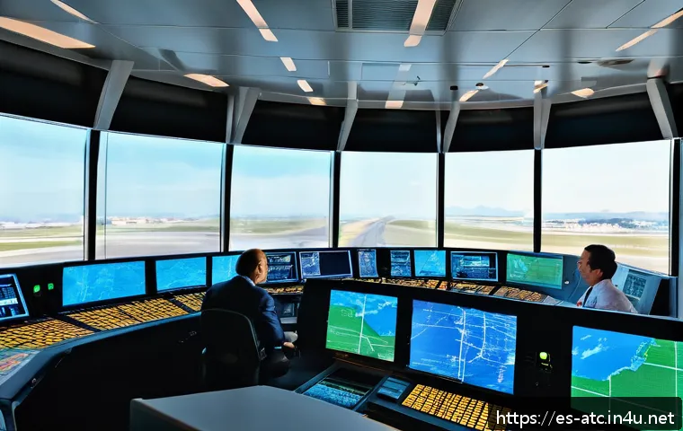 항공교통관제사 자격증 취득 준비 방법 - A detailed scene inside a modern air traffic control tower in Spain, showing a diverse group of prof...