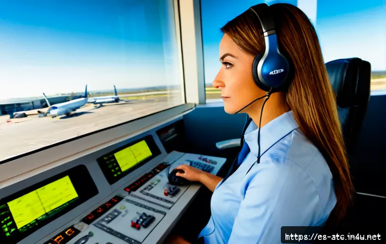 항공교통관제사와 파일럿의 의사소통 사례 - Photorealistic air traffic control communication scene in a modern Spanish airport control tower, a ...