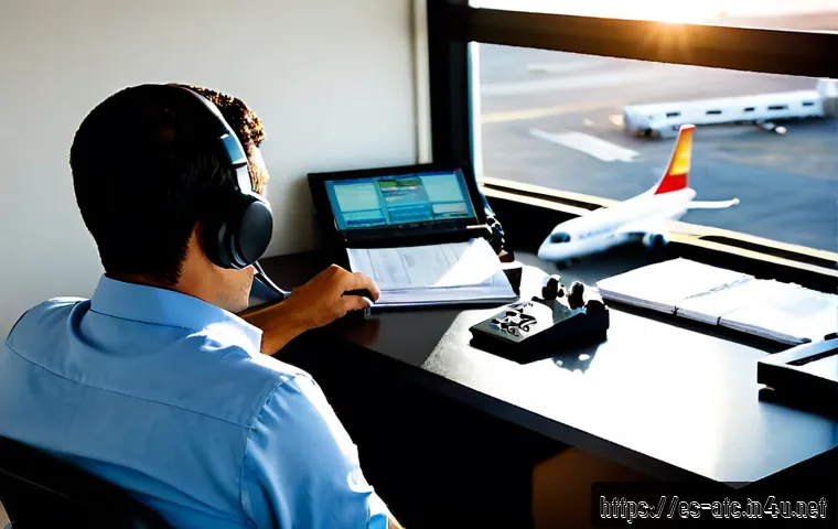 Home 17 항공교통관제사 이직을 위한 자기소개서 작성법 - Photorealistic Spanish air traffic controller changing careers, seated at a tidy home office desk in...