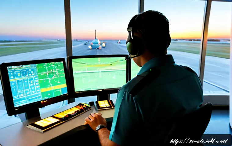 Home 17 항공교통관제사 업무의 장단점 - Photorealistic air traffic controller in a modern Spanish airport control tower, focused professiona...